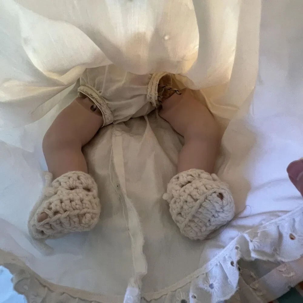 Vintage Baby Doll with Christening Gown Bonnet Booties White Eyelet Dress Outfit
